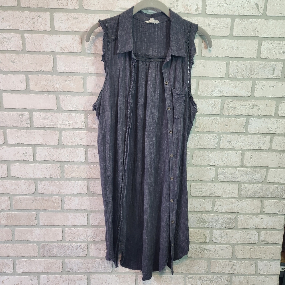 ODDY Womens Long Grey Gauze Knit BOHO Button Down Shirt Vest L